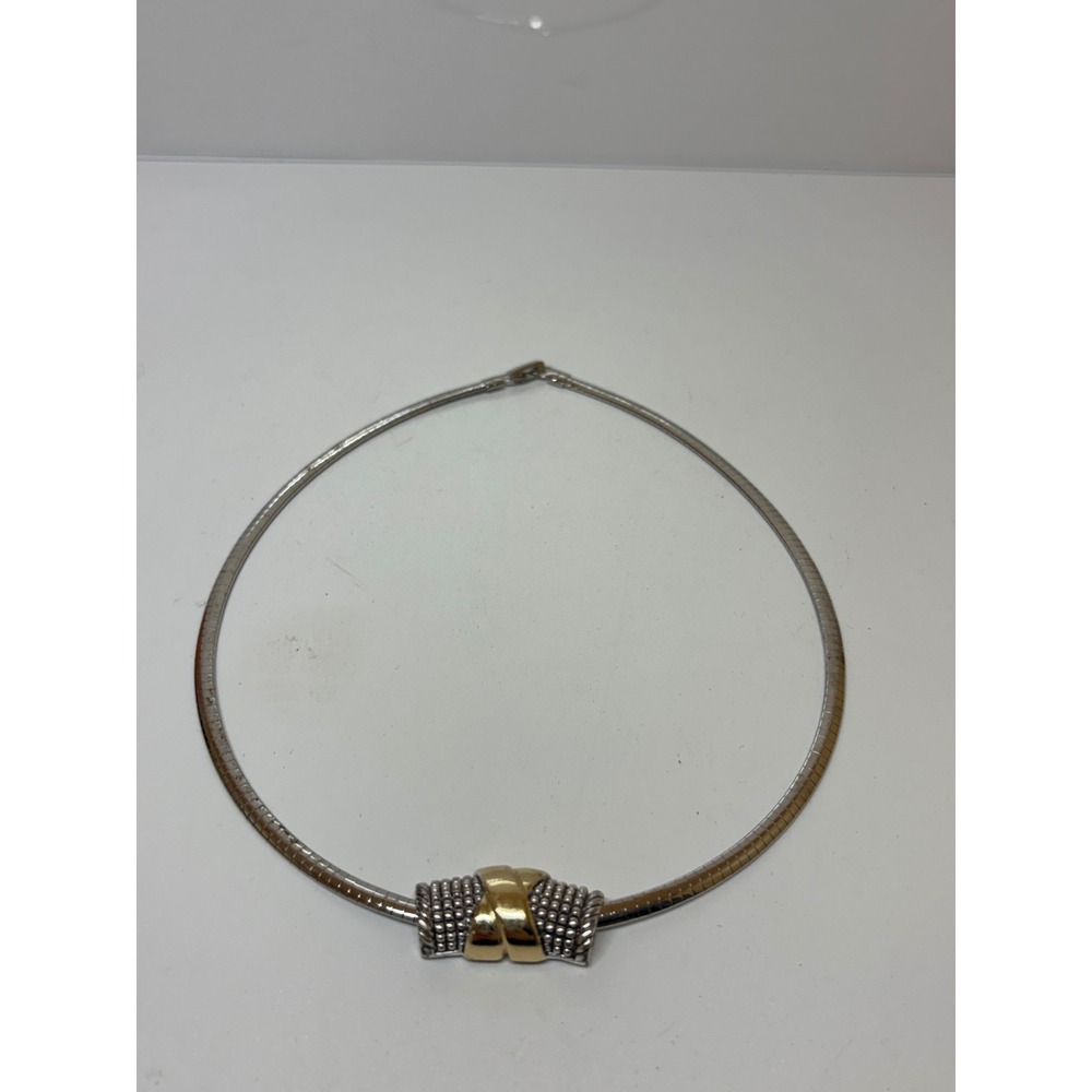 Two Tone Silver Gold X Motif Omega Chain Collar Necklace 16 Inch